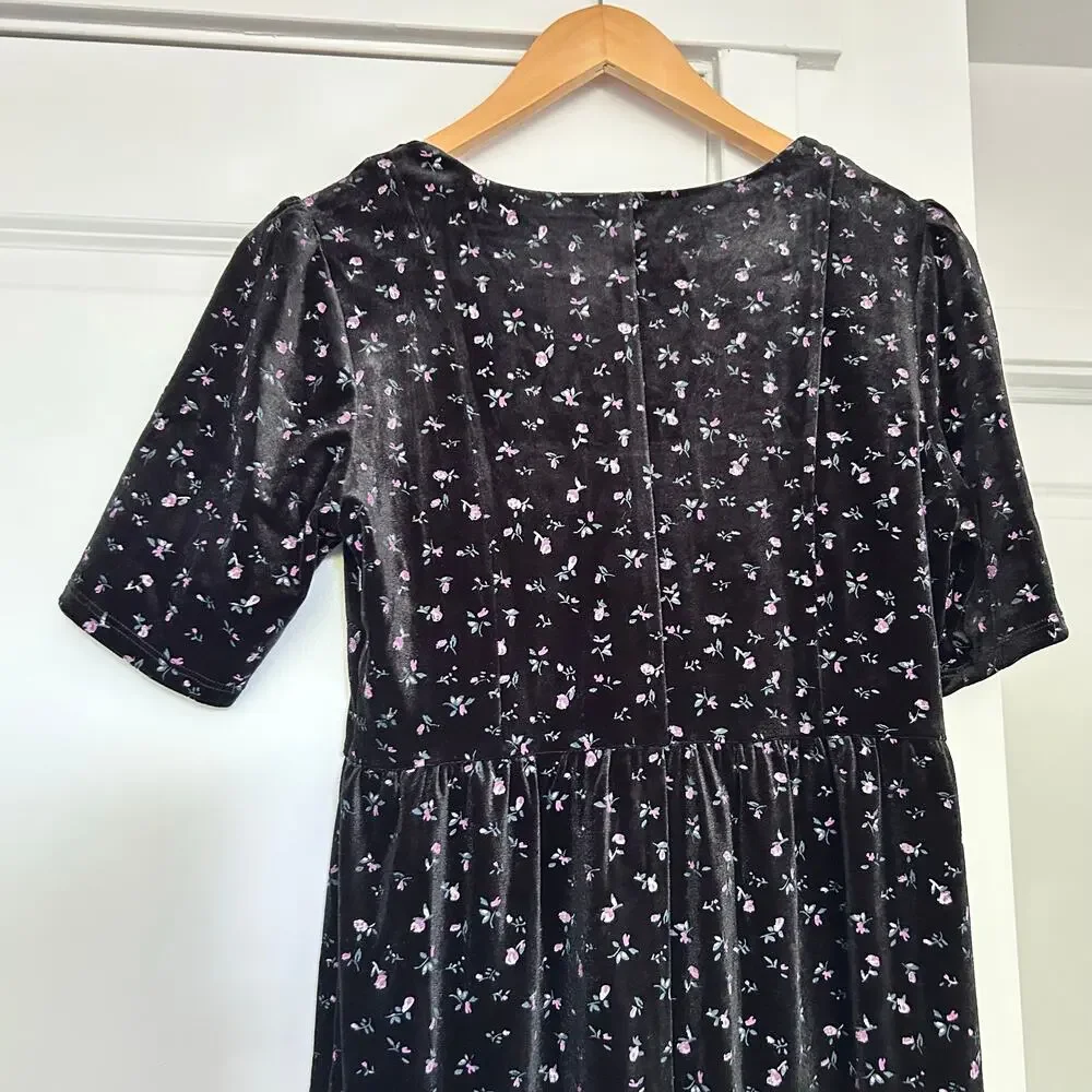 NWT Disturbia Woe Floral Midi Dress Velvet Womens 4 Black Square Neck Whimsigoth - Picture 9 of 12